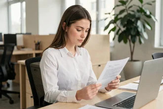 Jeune femme professionnelle lisant attentivement une note de service imprimée à son bureau dans un open space moderne