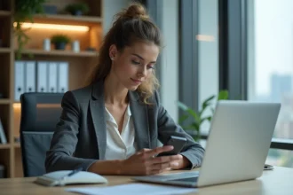 Femme au bureau utilisant un ordinateur et smartphone