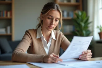 Femme d'affaires vérifiant ses bulletins de salaire à son bureau