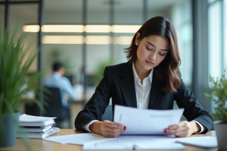 Femme de bureau examinant des documents de privacy