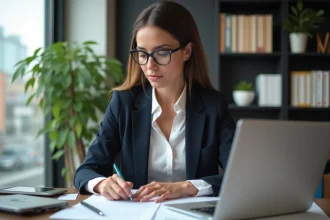 Femme professionnelle en bureau à domicile avec ordinateur