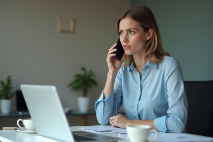 Femme au bureau parlant au téléphone avec concentration
