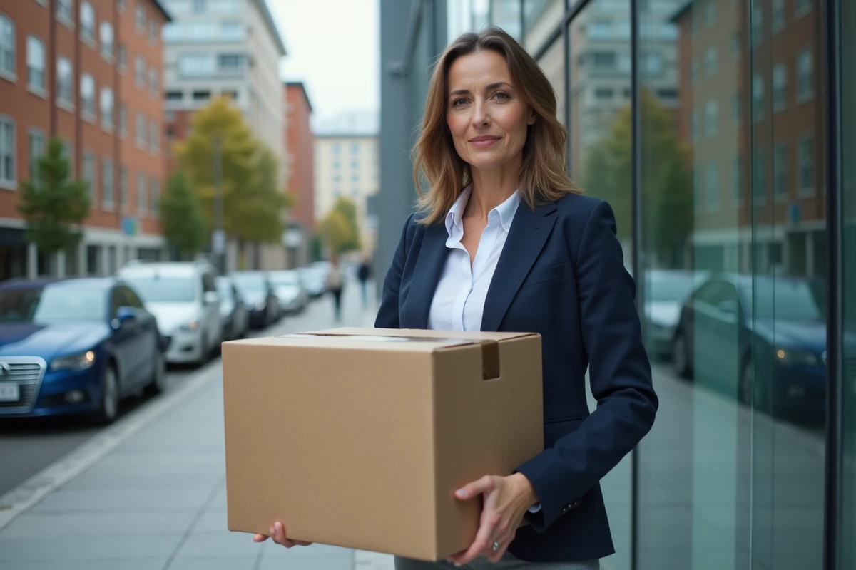 Femme cadre tenant un carton de départ devant un immeuble de bureaux, illustrant un licenciement sans droit au chômage