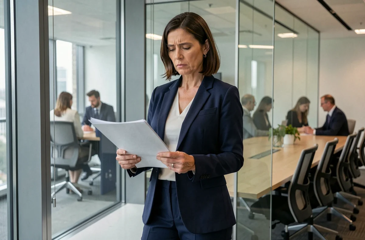 Femme cadre analysant un dossier de portage salarial dans une salle de réunion d'entreprise