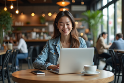 Femme souriante travaillant au cafe avec son ordinateur portable