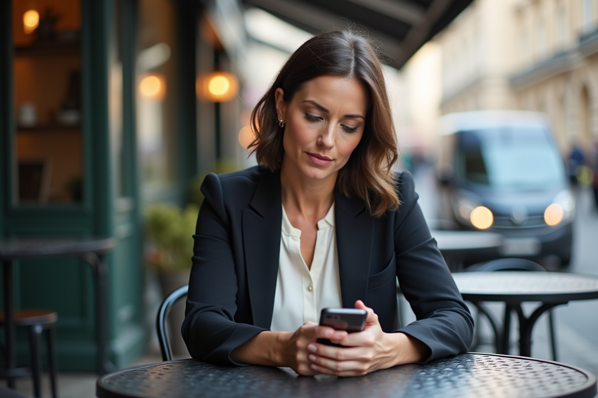 Femme professionnelle seule au café pensant à son smartphone