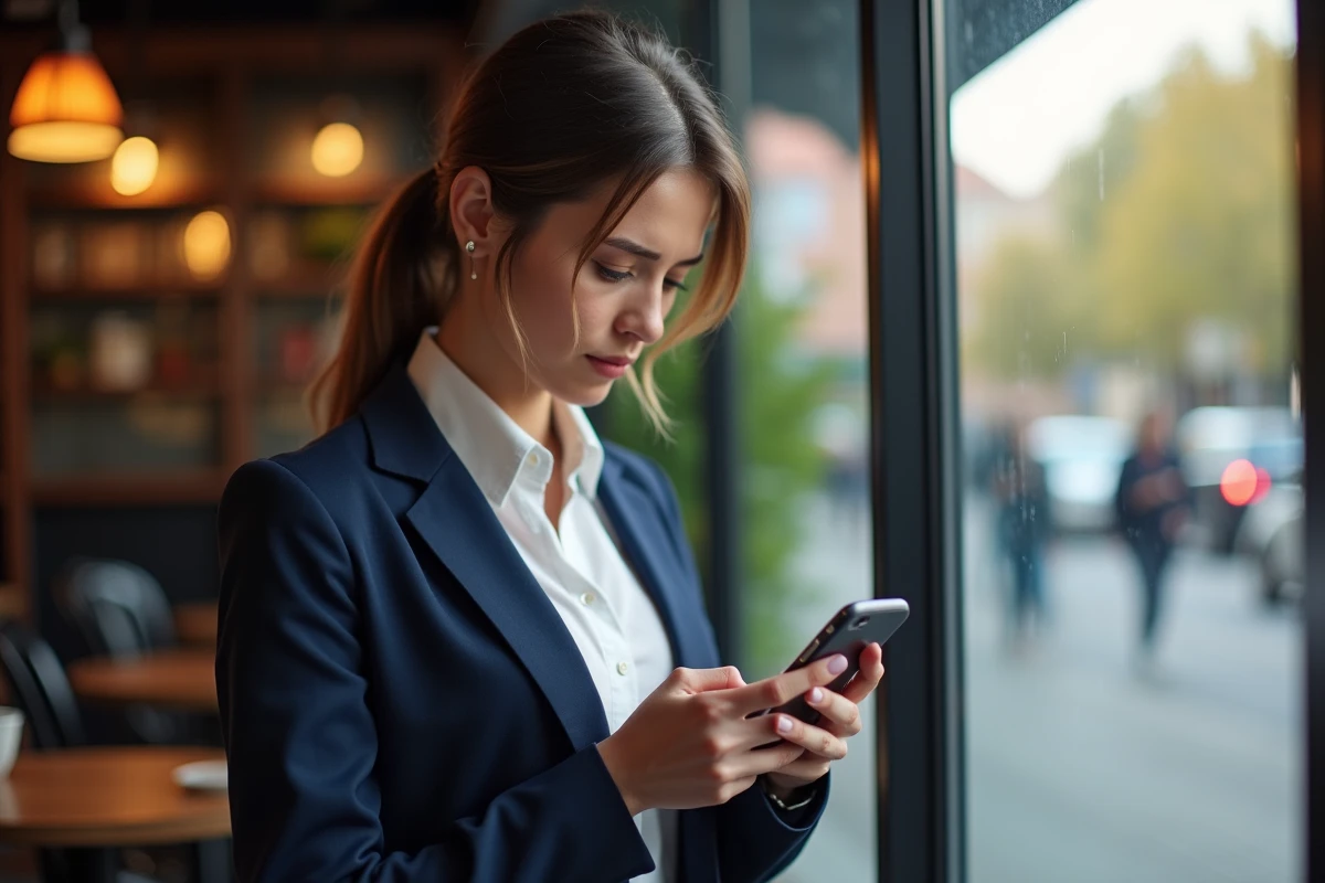 Jeune femme au café regardant son smartphone fachee