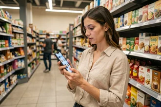 Femme comparant une liste de marques sur son smartphone dans un supermarché pour consommer de manière intelligente