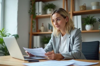 Femme comptable comparant des factures papier et un tableur Excel sur son bureau en bois dans un bureau à domicile moderne