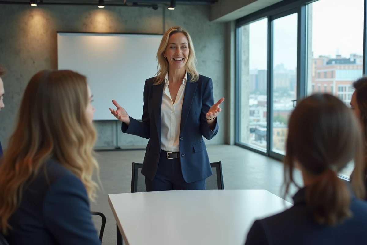 Femme confiante en réunion d'affaires dans un bureau moderne