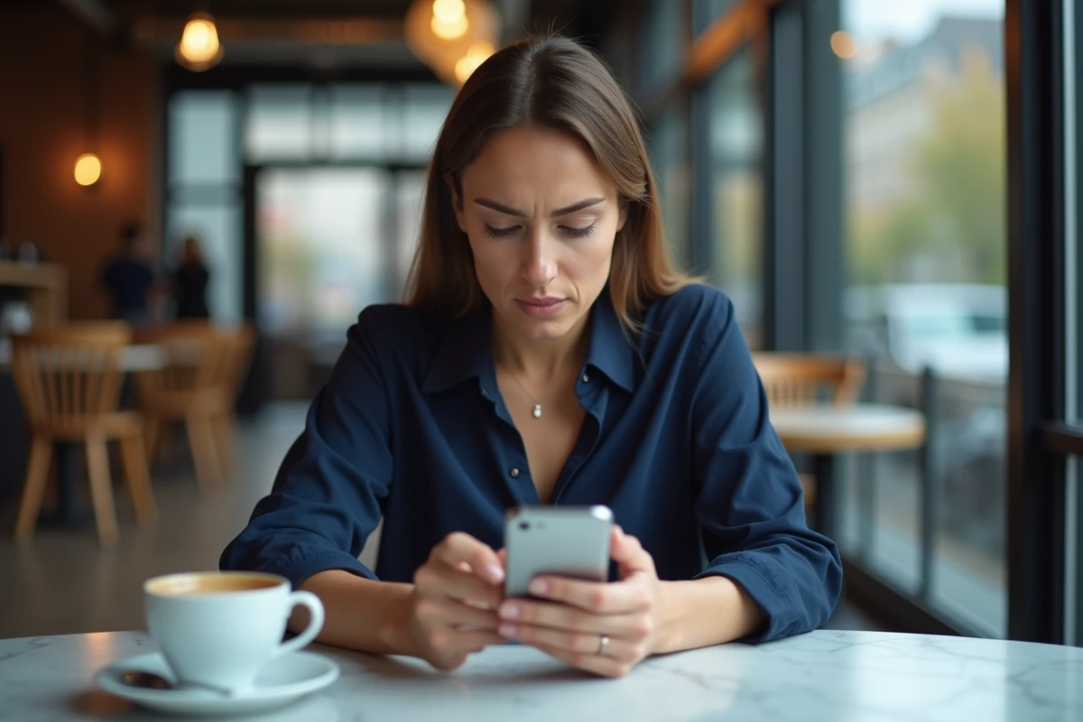 Jeune femme perplexe tentant de se connecter à son compte depuis son smartphone dans un café