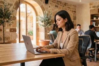 Femme travaillant dans un espace de coworking moderne à Aix-en-Provence avec murs en pierre apparente et grandes fenêtres