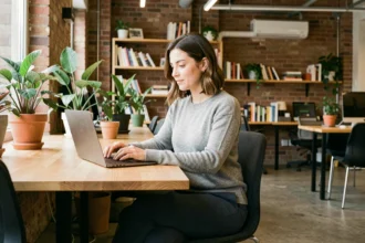 Femme travaillant sur un ordinateur portable dans un espace de coworking moderne à Calais avec murs en briques apparentes