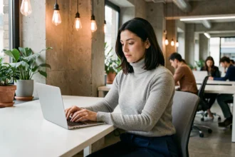 Femme professionnelle travaillant dans un espace de coworking moderne à Levallois-Perret avec bureau partagé et plantes vertes