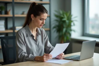 Femme pensive tenant une lettre de démission dans un bureau moderne