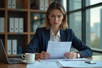 Femme entrepreneur examinant des documents de création d'entreprise sur un bureau professionnel, comparant les services INPI et Legalstart