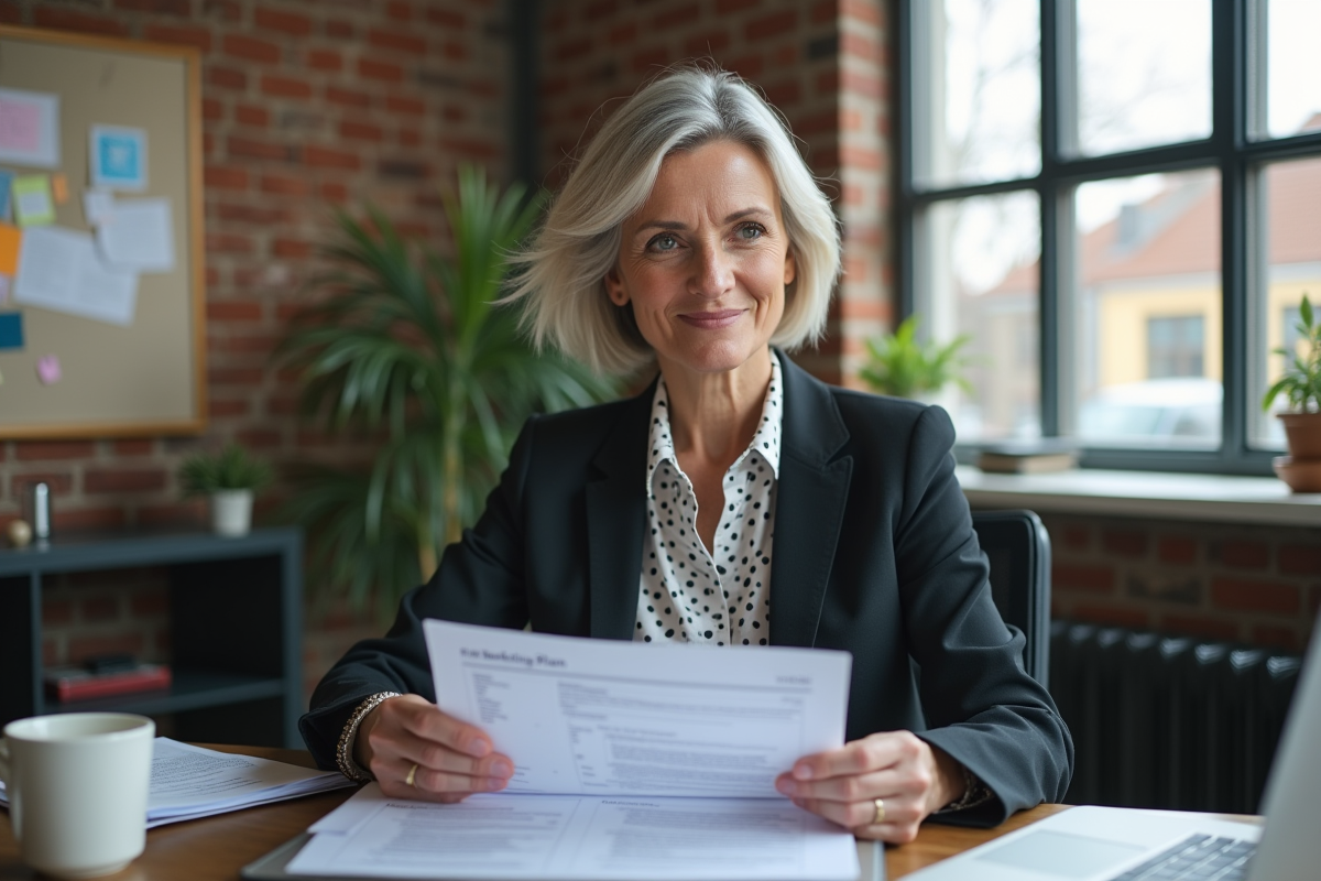 Femme entrepreneure lisant un plan marketing dans son bureau