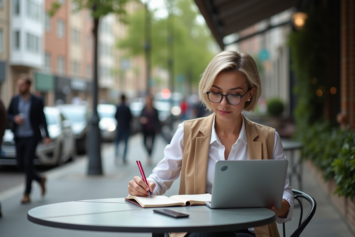 Jeune femme stratège marketing travaillant en extérieur