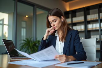 Jeune femme en bureau compare documents professionnels