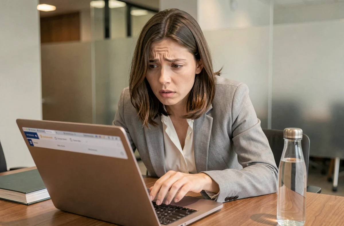 Femme cherchant ses outils professionnels introuvables sur le portail intranet de son entreprise