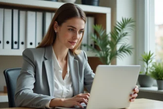 Femme paramétrant ses critères de recherche d'emploi sur Pôle Emploi depuis un bureau à domicile