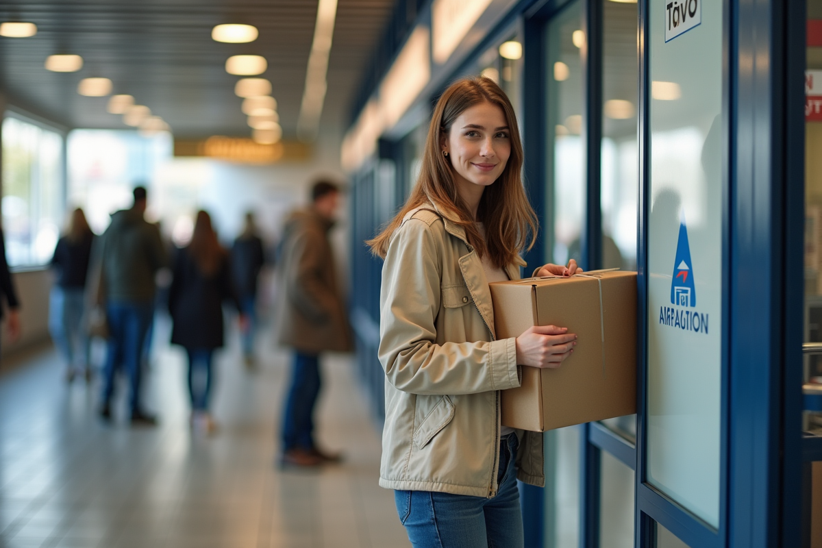 Jeune femme souriante devant un guichet postal