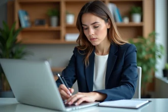 Femme d affaires concentrée sur son ordinateur dans un bureau moderne