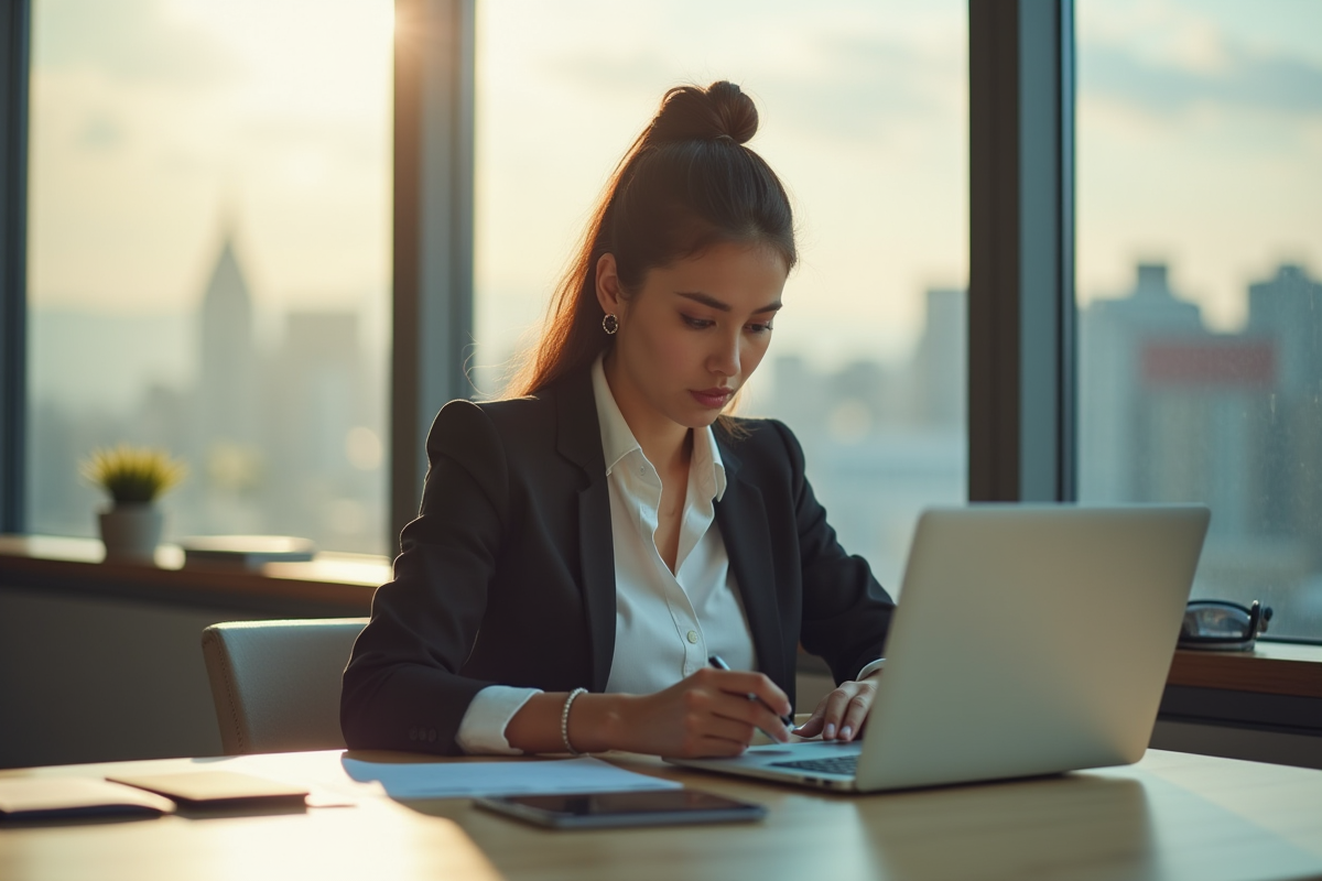 Femme professionnelle au bureau moderne prenant des notes