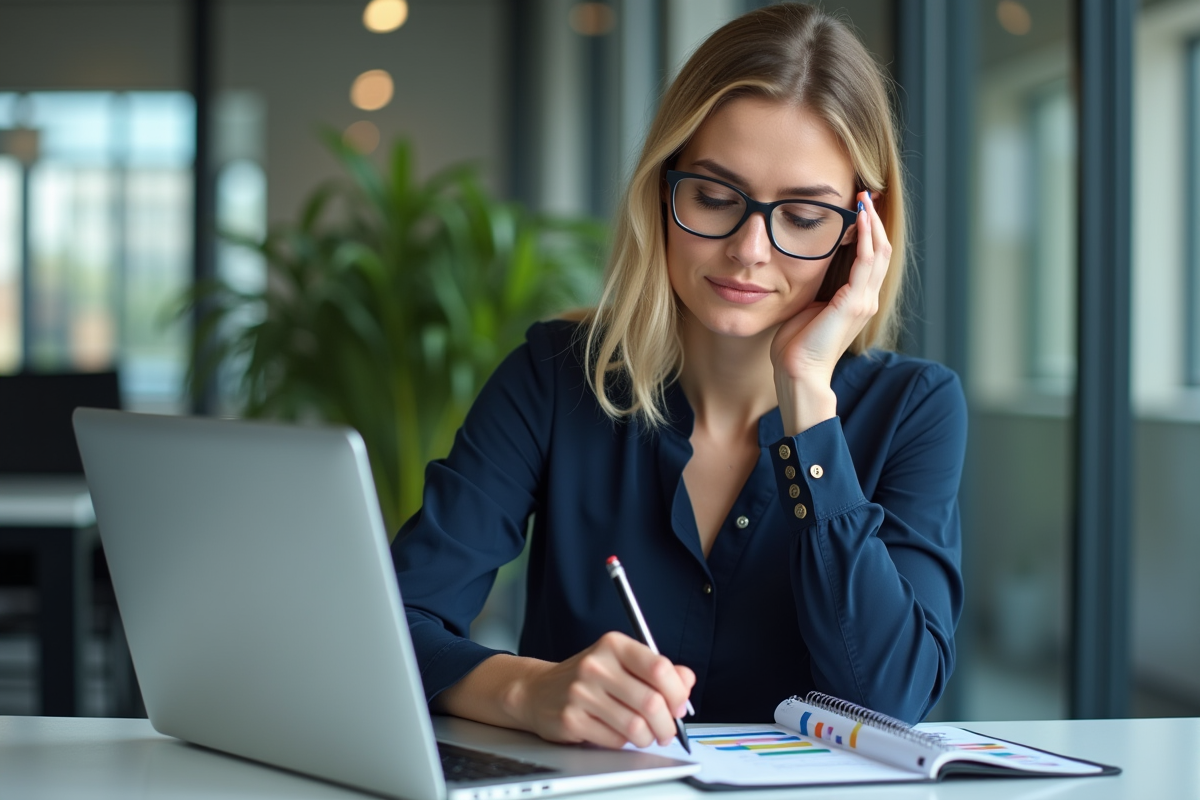 Femme professionnelle en bureau avec graphiques et notes