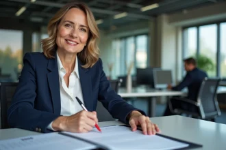 Femme professionnelle en bureau avec calendrier 2026