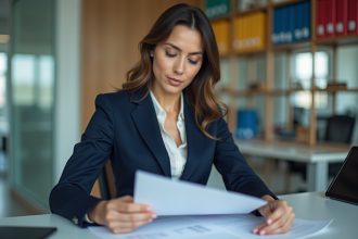 Femme en costume navy dans un bureau moderne