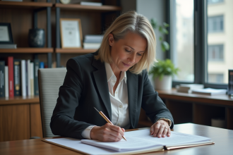 Femme québecoise en bureau professionnel examine des documents