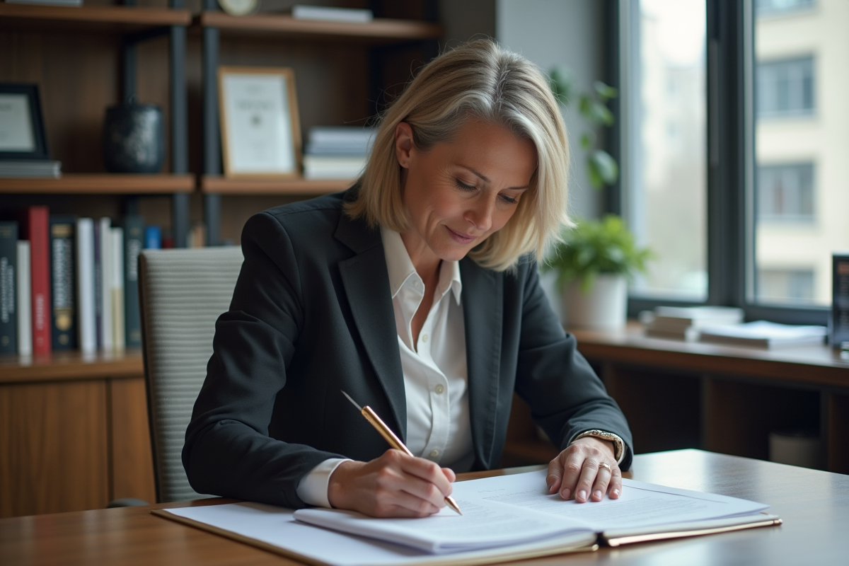 Femme québecoise en bureau professionnel examine des documents