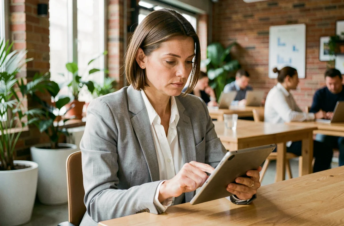 Femme consultant une plateforme d'investissement sur tablette dans un espace de coworking moderne