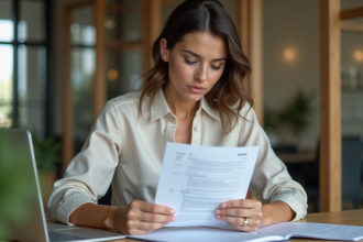 Femme en milieu professionnel examine son CV avec confiance