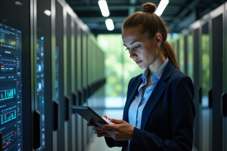 Jeune femme irlandaise dans un centre de données moderne