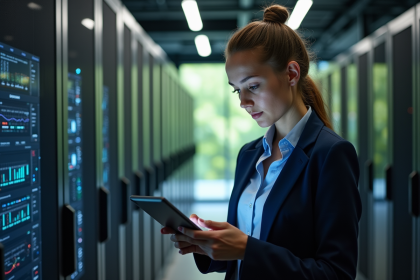 Jeune femme irlandaise dans un centre de données moderne