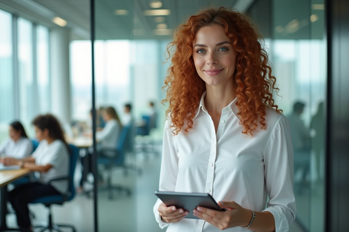 Femme en open space consultant une tablette avec l'actualité Stellantis via un wiki d'entreprise automobile