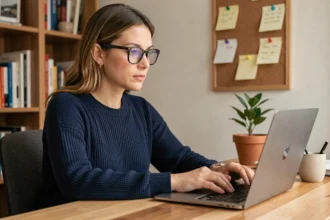 Femme en télétravail concentrée devant son ordinateur portable dans un bureau à domicile organisé