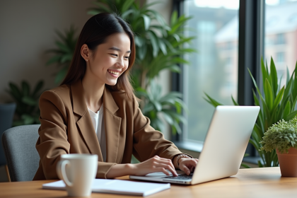 Jeune femme au bureau remplit un formulaire en ligne