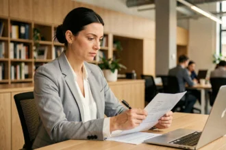 Femme en blazer gris analysant son contrat de travail à son bureau dans un open space moderne