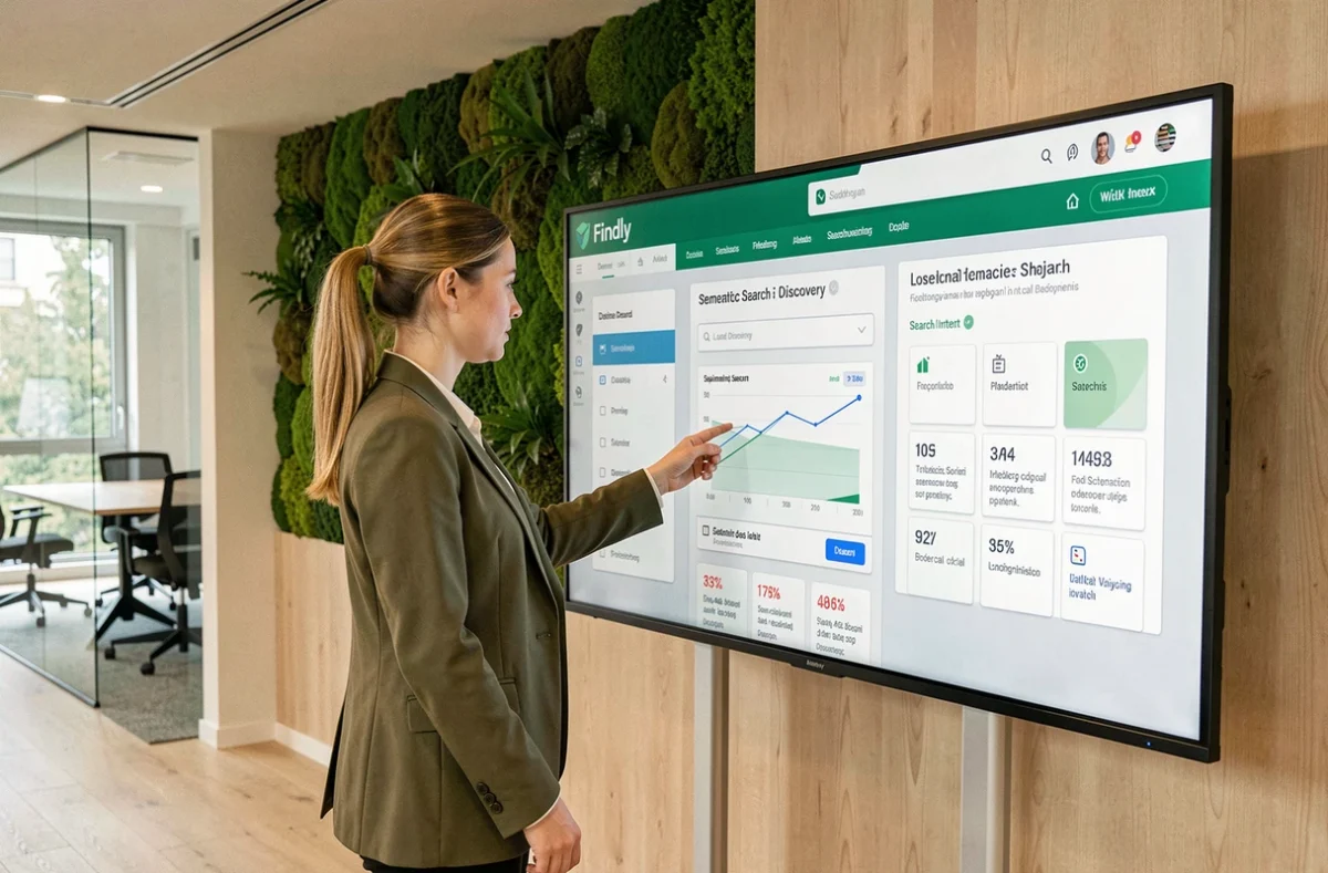 Stratège digitale de Findly présentant une interface de recherche sémantique dans une agence moderne