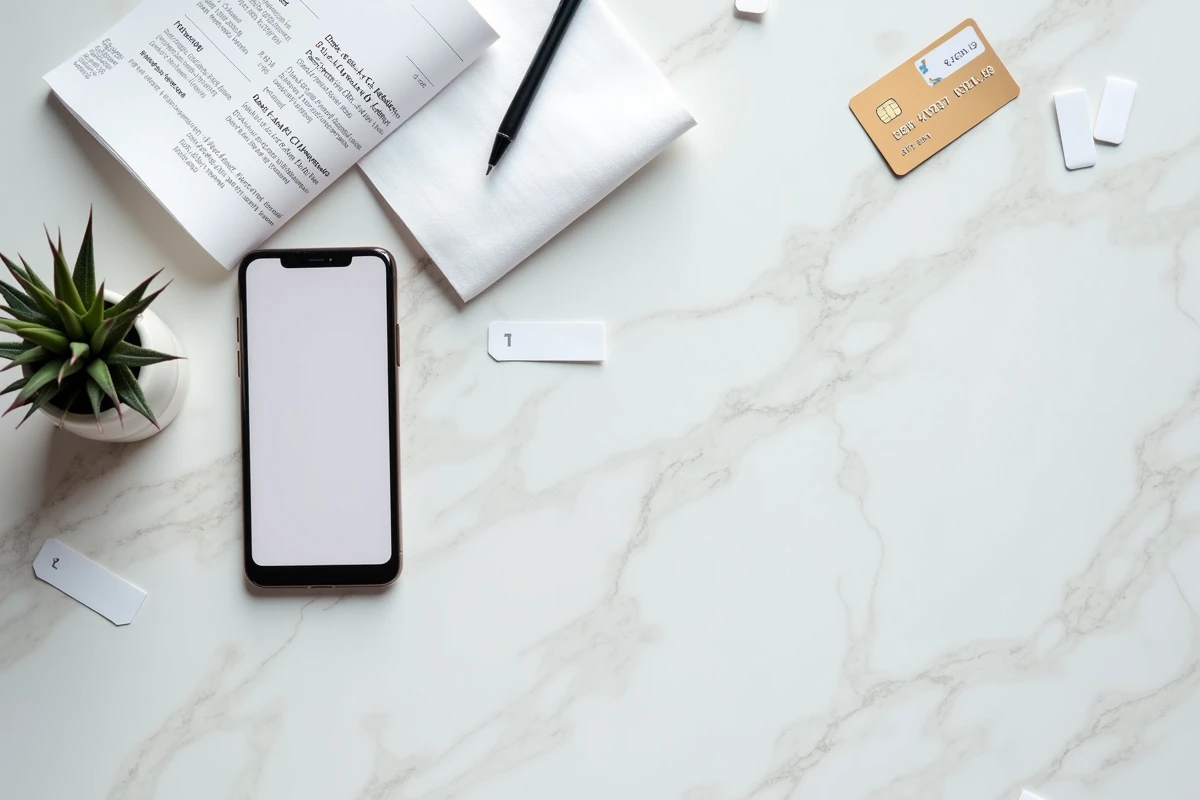 Vue aérienne d'un smartphone affichant une application de mode en ligne, d'une carte bancaire et d'un reçu de paiement, illustrant les questions de transparence autour des services de paiement et d'intermédiaires comme Shein