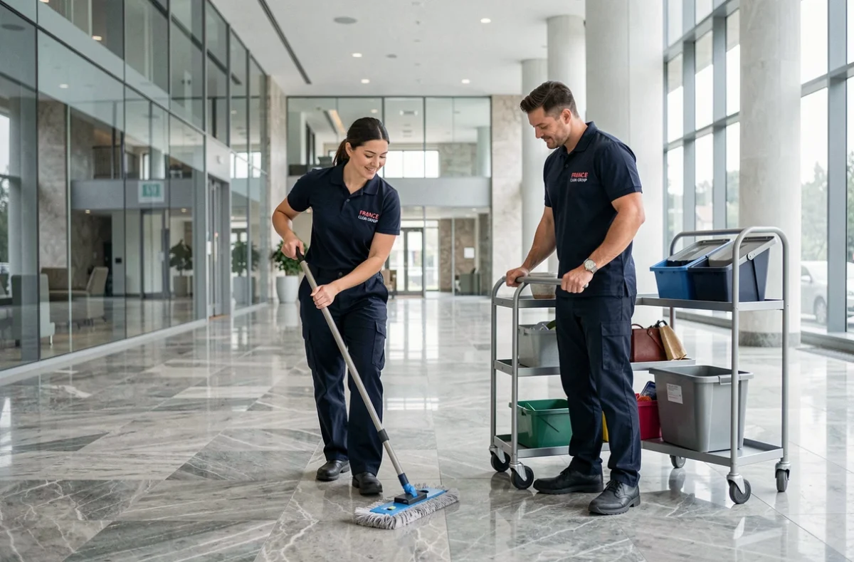 Équipe de France Clean Group nettoyant le hall d'un immeuble de bureaux corporate en France