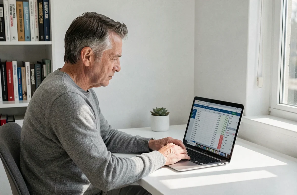 Freelance analysant seul des calculs financiers liés aux limites du portage salarial depuis son bureau à domicile