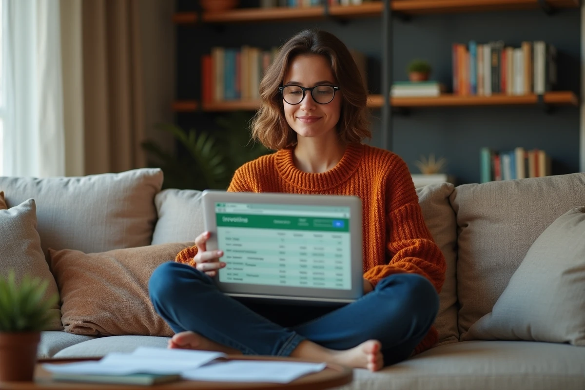 Jeune femme freelance comparant un outil de facturation en ligne et Excel sur son ordinateur portable dans un salon cosy