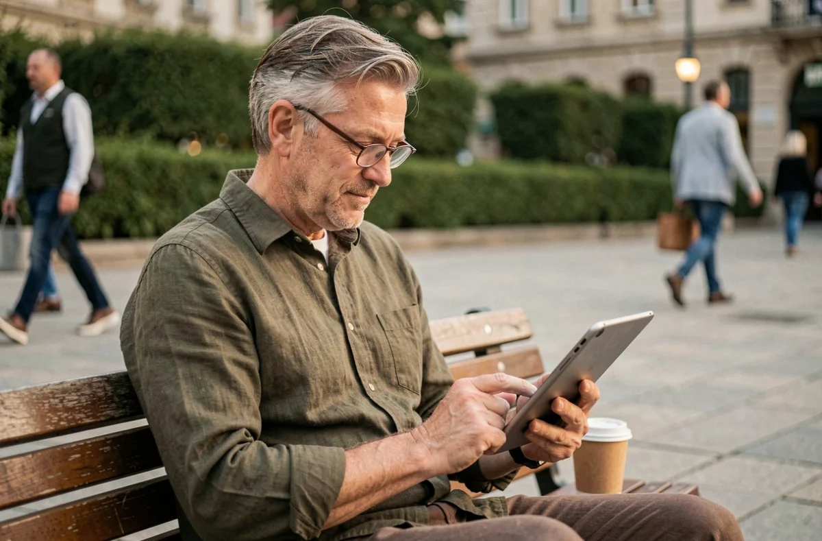 Consultant freelance comparant des offres de portage salarial sur une tablette numérique en extérieur dans une place urbaine