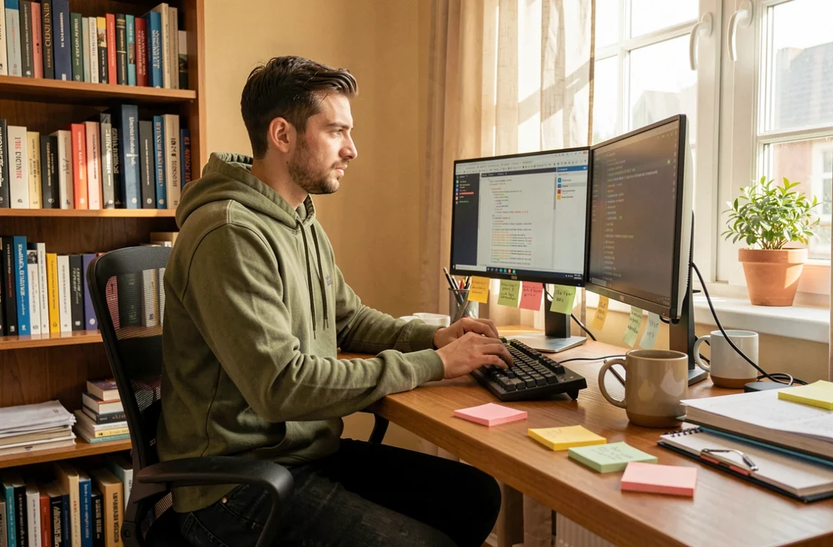 Développeur freelance en portage salarial travaillant sur deux écrans dans son bureau à domicile avec un environnement de travail organisé