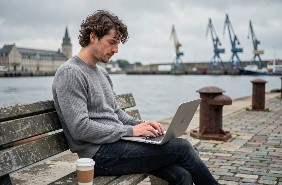 Freelance en portage salarial travaillant en extérieur sur le quai du port de Brest avec un ordinateur portable