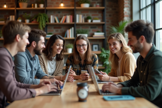 Groupe de jeunes adultes en coworking souriants